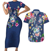 Hawaiian Turtles and Tropical Plants Couples Matching Short Sleeve Bodycon Dress and Hawaiian Shirt Blue Watercolor LT03 Blue - Polynesian Pride