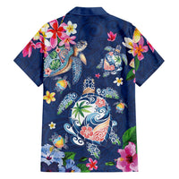 Hawaiian Turtles and Tropical Plants Family Matching Off Shoulder Maxi Dress and Hawaiian Shirt Blue Watercolor LT03 - Polynesian Pride