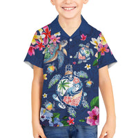 Hawaiian Turtles and Tropical Plants Family Matching Off Shoulder Short Dress and Hawaiian Shirt Blue Watercolor LT03 Son's Shirt Blue - Polynesian Pride