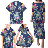 Hawaiian Turtles and Tropical Plants Family Matching Puletasi and Hawaiian Shirt Blue Watercolor LT03 - Polynesian Pride