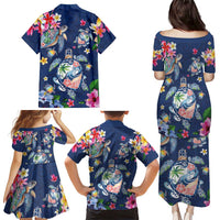 Hawaiian Turtles and Tropical Plants Family Matching Puletasi and Hawaiian Shirt Blue Watercolor LT03 - Polynesian Pride