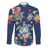 Hawaiian Turtles and Tropical Plants Family Matching Puletasi and Hawaiian Shirt Blue Watercolor LT03 Dad's Shirt - Long Sleeve Blue - Polynesian Pride