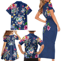 Hawaiian Turtles and Tropical Plants Family Matching Short Sleeve Bodycon Dress and Hawaiian Shirt Blue Watercolor LT03 - Polynesian Pride