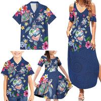 Hawaiian Turtles and Tropical Plants Family Matching Summer Maxi Dress and Hawaiian Shirt Blue Watercolor LT03 - Polynesian Pride