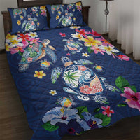 Hawaiian Turtles and Tropical Plants Quilt Bed Set Blue Watercolor
