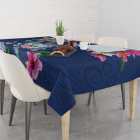 Hawaiian Turtles and Tropical Plants Tablecloth Blue Watercolor