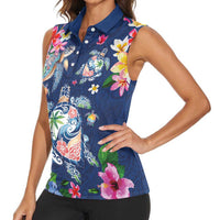 Hawaiian Turtles and Tropical Plants Women Sleeveless Polo Shirt Blue Watercolor