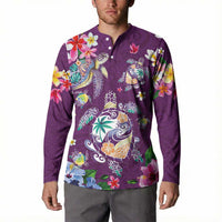 Hawaiian Turtles and Tropical Plants Button Sweatshirt Purple Watercolor