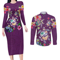 Hawaiian Turtles and Tropical Plants Couples Matching Long Sleeve Bodycon Dress and Long Sleeve Button Shirt Purple Watercolor LT03 Purple - Polynesian Pride