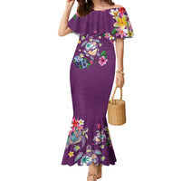 Hawaiian Turtles and Tropical Plants Family Matching Mermaid Dress and Hawaiian Shirt Purple Watercolor LT03 Mom's Dress Purple - Polynesian Pride