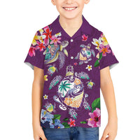 Hawaiian Turtles and Tropical Plants Family Matching Puletasi and Hawaiian Shirt Purple Watercolor LT03 Son's Shirt Purple - Polynesian Pride