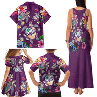 Hawaiian Turtles and Tropical Plants Family Matching Tank Maxi Dress and Hawaiian Shirt Purple Watercolor LT03 - Polynesian Pride