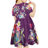 Hawaiian Turtles and Tropical Plants Kid Short Sleeve Dress Purple Watercolor
