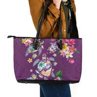 Hawaiian Turtles and Tropical Plants Leather Tote Bag Purple Watercolor