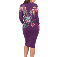 Hawaiian Turtles and Tropical Plants Long Sleeve Bodycon Dress Purple Watercolor