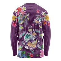 Hawaiian Turtles and Tropical Plants Long Sleeve Shirt Purple Watercolor