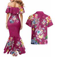 Hawaiian Turtles and Tropical Plants Couples Matching Mermaid Dress and Hawaiian Shirt Pink Watercolor LT03 - Polynesian Pride