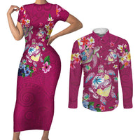 Hawaiian Turtles and Tropical Plants Couples Matching Short Sleeve Bodycon Dress and Long Sleeve Button Shirt Pink Watercolor