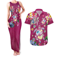 Hawaiian Turtles and Tropical Plants Couples Matching Tank Maxi Dress and Hawaiian Shirt Pink Watercolor LT03 Pink - Polynesian Pride
