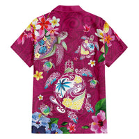 Hawaiian Turtles and Tropical Plants Family Matching Off The Shoulder Long Sleeve Dress and Hawaiian Shirt Pink Watercolor LT03 - Polynesian Pride