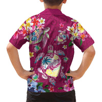 Hawaiian Turtles and Tropical Plants Family Matching Off Shoulder Short Dress and Hawaiian Shirt Pink Watercolor LT03 - Polynesian Pride