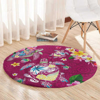 Hawaiian Turtles and Tropical Plants Round Carpet Pink Watercolor