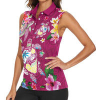 Hawaiian Turtles and Tropical Plants Women Sleeveless Polo Shirt Pink Watercolor