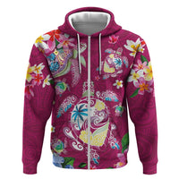 Hawaiian Turtles and Tropical Plants Zip Hoodie Pink Watercolor
