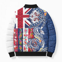 Hawaiian Manta Ray and Turtle Tribal Tattoo Bomber Puffer Jacket With Hawaii Flag and Flowers