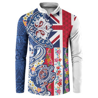 Hawaiian Manta Ray and Turtle Tribal Tattoo Button Sweatshirt With Hawaii Flag and Flowers