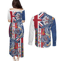 Hawaiian Manta Ray and Turtle Tribal Tattoo Couples Matching Puletasi and Long Sleeve Button Shirt With Hawaii Flag and Flowers