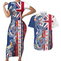 Hawaiian Manta Ray and Turtle Tribal Tattoo Couples Matching Short Sleeve Bodycon Dress and Hawaiian Shirt With Hawaii Flag and Flowers LT03 Multicolor - Polynesian Pride