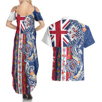 Hawaiian Manta Ray and Turtle Tribal Tattoo Couples Matching Summer Maxi Dress and Hawaiian Shirt With Hawaii Flag and Flowers LT03 - Polynesian Pride