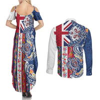 Hawaiian Manta Ray and Turtle Tribal Tattoo Couples Matching Summer Maxi Dress and Long Sleeve Button Shirt With Hawaii Flag and Flowers LT03 - Polynesian Pride