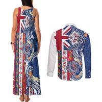 Hawaiian Manta Ray and Turtle Tribal Tattoo Couples Matching Tank Maxi Dress and Long Sleeve Button Shirt With Hawaii Flag and Flowers LT03 - Polynesian Pride