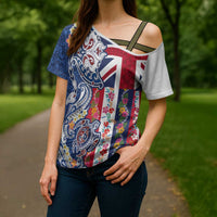 Hawaiian Manta Ray and Turtle Tribal Tattoo Cross Shoulder Shirt With Hawaii Flag and Flowers
