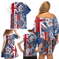 Hawaiian Manta Ray and Turtle Tribal Tattoo Family Matching Off Shoulder Short Dress and Hawaiian Shirt With Hawaii Flag and Flowers LT03 - Polynesian Pride