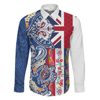 Hawaiian Manta Ray and Turtle Tribal Tattoo Family Matching Puletasi and Hawaiian Shirt With Hawaii Flag and Flowers LT03 Dad's Shirt - Long Sleeve Multicolor - Polynesian Pride