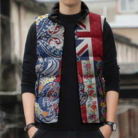 Hawaiian Manta Ray and Turtle Tribal Tattoo Sleeveless Puffer Jacket With Hawaii Flag and Flowers
