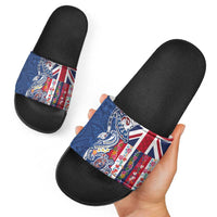 Hawaiian Manta Ray and Turtle Tribal Tattoo Slide Sandals With Hawaii Flag and Flowers