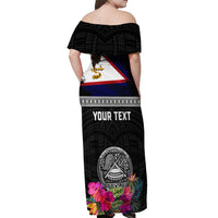 Personalized American Samoa Flag Day Off Shoulder Maxi Dress Tanoa and Fue mix Hibiscus Flower Polynesian Pattern