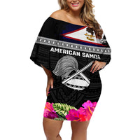 Personalized American Samoa Flag Day Off Shoulder Short Dress Tanoa and Fue mix Hibiscus Flower Polynesian Pattern LT03 Women Black - Polynesian Pride