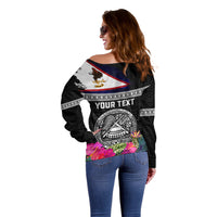 Personalized American Samoa Flag Day Off Shoulder Sweater Tanoa and Fue mix Hibiscus Flower Polynesian Pattern