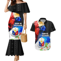 Philippines Independence Day Couples Matching Mermaid Dress and Hawaiian Shirt Philippines Eagle and Sampaguita Jasmine Yakan Tribal LT03 Black - Polynesian Pride