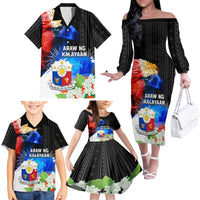 Philippines Independence Day Family Matching Off The Shoulder Long Sleeve Dress and Hawaiian Shirt Philippines Eagle and Sampaguita Jasmine Yakan Tribal LT03 - Polynesian Pride