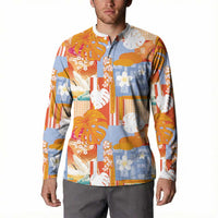 Hawaiian and Japanese Culture Together Button Sweatshirt Palaka Japanese Art and Tropical Motif Tribal Patchwork