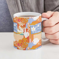 Hawaiian and Japanese Culture Together Ceramic Mug Palaka Japanese Art and Tropical Motif Tribal Patchwork