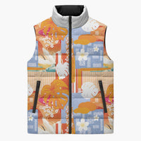 Hawaiian and Japanese Culture Together Sleeveless Puffer Jacket Palaka Japanese Art and Tropical Motif Tribal Patchwork