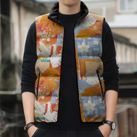 Hawaiian and Japanese Culture Together Sleeveless Puffer Jacket Palaka Japanese Art and Tropical Motif Tribal Patchwork