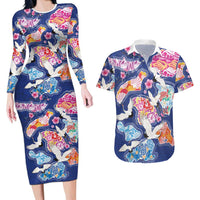 Hawaiian and Japanese Culture Together Couples Matching Long Sleeve Bodycon Dress and Hawaiian Shirt Hawaiian Archipelago Shape Sea Animals LT03 Multicolor - Polynesian Pride